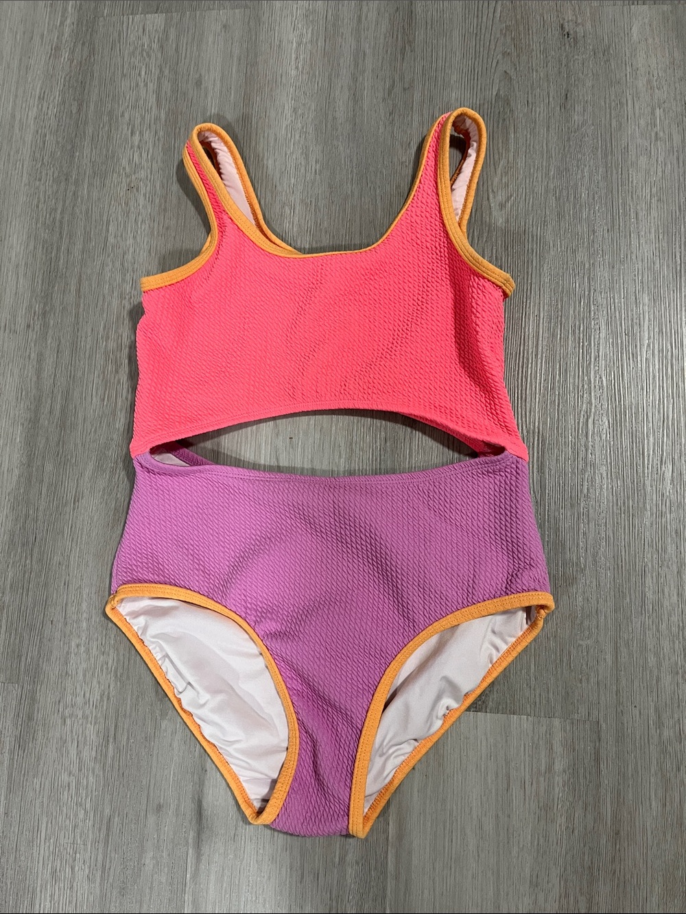 Old Navy Pink & Purple One-Piece Swimsuit with Orange Trim